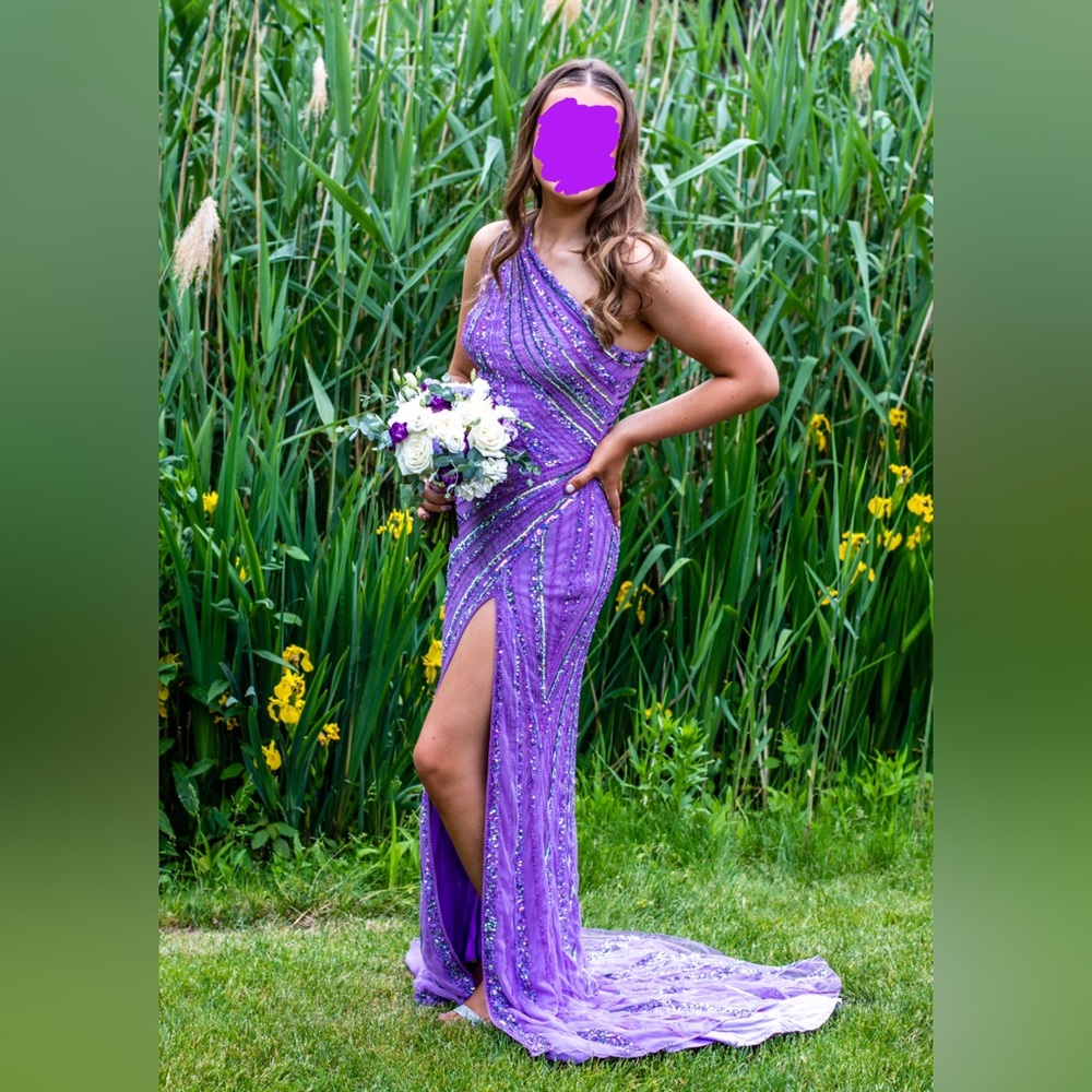 Ashley Lauren Sequin One Shoulder Gown Asymmetrical Lace Up Back, Orchid 11244